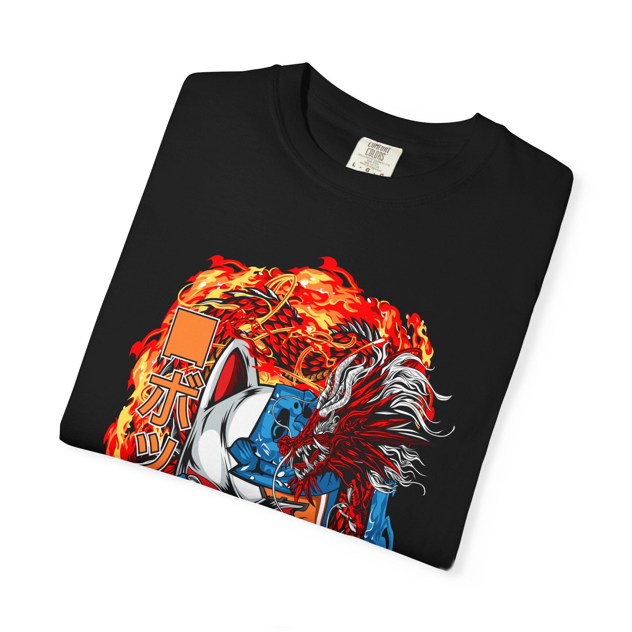 Kitsune Dragon Mashup Tee — Japanese Fox Mask, Blue Dragon & Fire Graphic T-Shirt