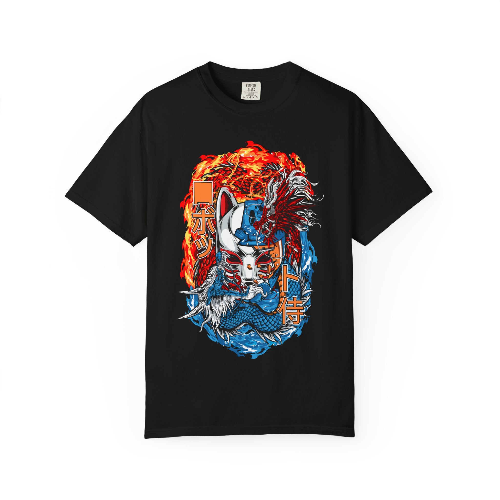 Kitsune Dragon Mashup Tee — Japanese Fox Mask, Blue Dragon & Fire Graphic T-Shirt