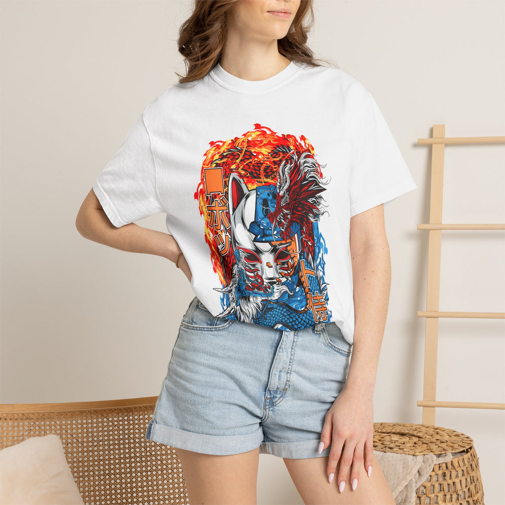 Kitsune Dragon Mashup Tee — Japanese Fox Mask, Blue Dragon & Fire Graphic T-Shirt
