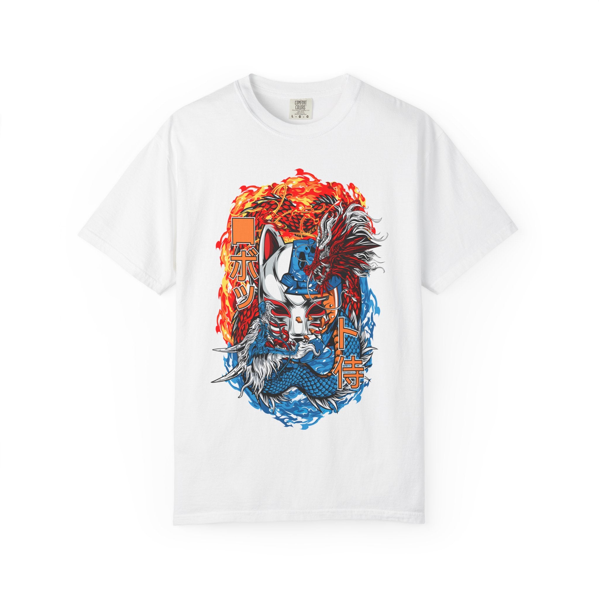 Kitsune Dragon Mashup Tee — Japanese Fox Mask, Blue Dragon & Fire Graphic T-Shirt