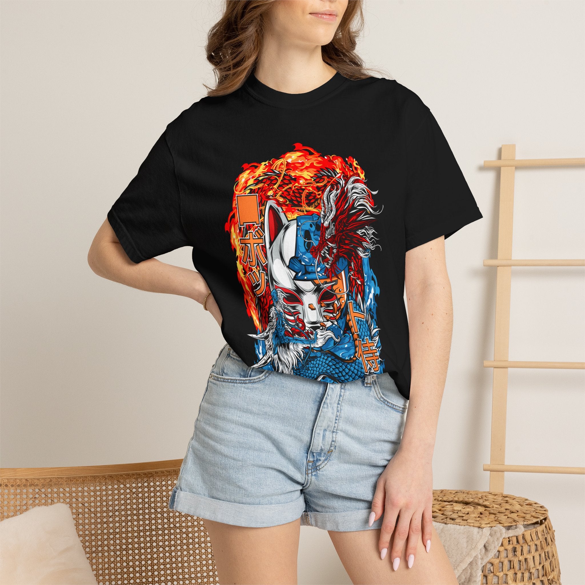 Kitsune Dragon Mashup Tee — Japanese Fox Mask, Blue Dragon & Fire Graphic T-Shirt