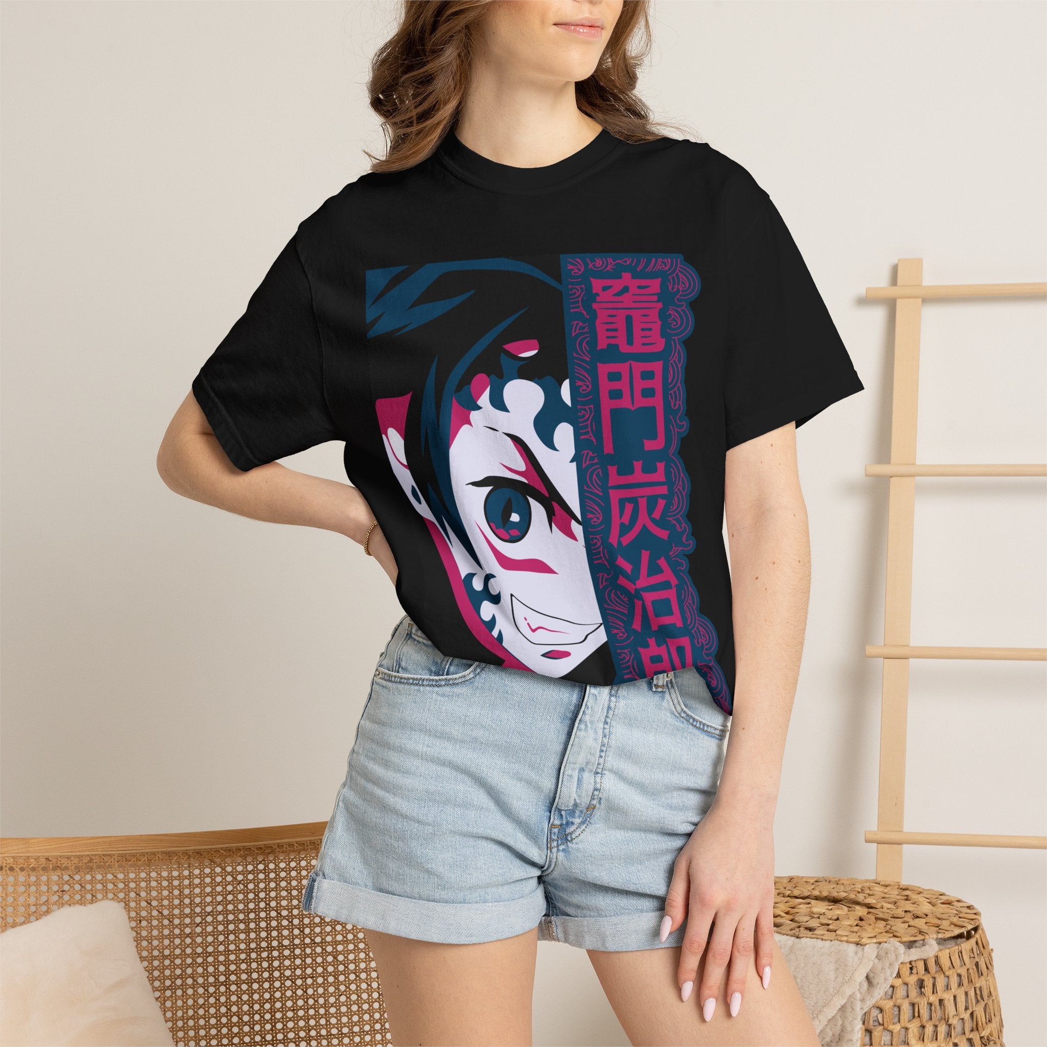 Anime-Inspired Graphic T-Shirt with Vertical Japanese Text