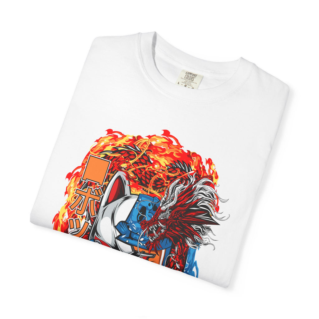Kitsune Dragon Mashup Tee — Japanese Fox Mask, Blue Dragon & Fire Graphic T-Shirt