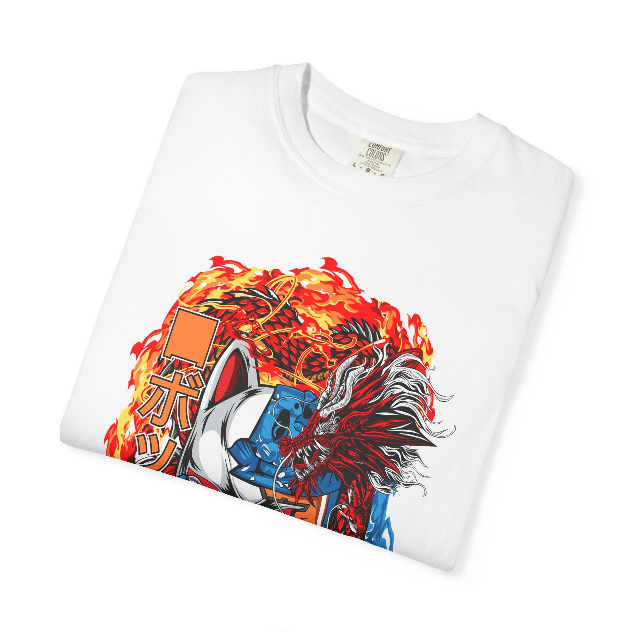 Kitsune Dragon Mashup Tee — Japanese Fox Mask, Blue Dragon & Fire Graphic T-Shirt